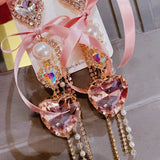 Popxstar Korean Luxury Elegant Yarn Bowknot Heart Crystal Long Tassel Drop Earrings For Women Girls Holiday Party Jewelry