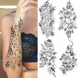 Popxstar Black Flower Temporary Tattoos Sticker Arm Sleeve Rose Moon Butterfly Snake Henna Body Decorate Realistic Fake 3D Women Totem