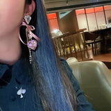 Popxstar Korean Luxury Elegant Yarn Bowknot Heart Crystal Long Tassel Drop Earrings For Women Girls Holiday Party Jewelry