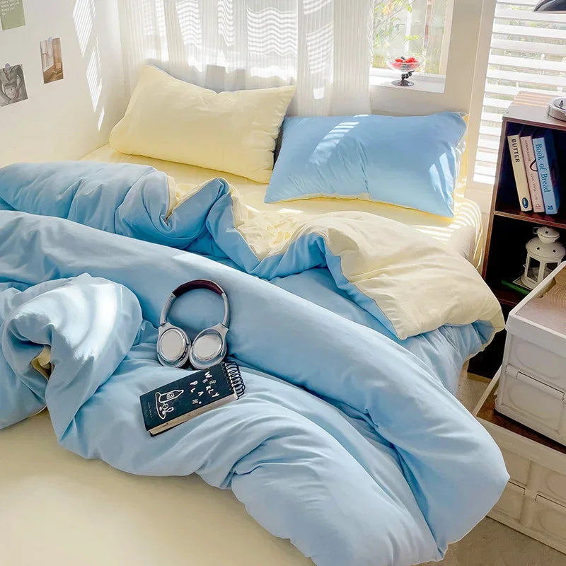 Popxstar Solid Bed Linen Cotton Bedding Set 4pcs with Sheet Duvet Cover Pillowcases Single Couple Bedsheet Single Couple Twin Size