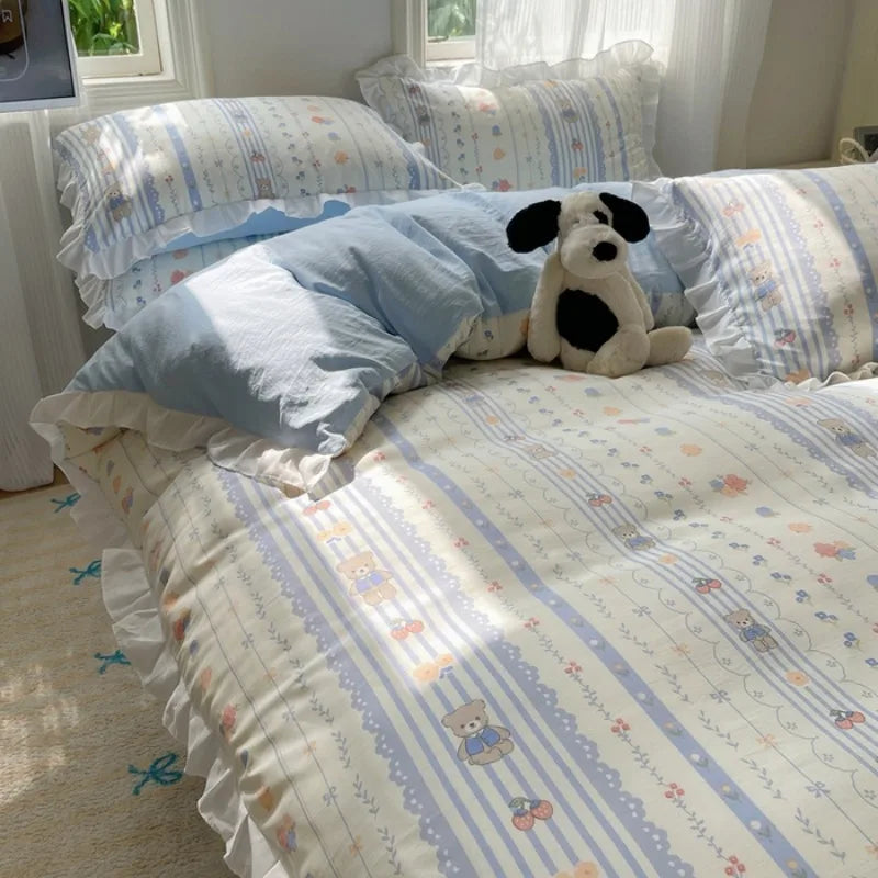 Popxstar Blue Floral Ruffle Duvet Cover Set Queen Flower Leaf Comforter Covers 4Pcs Soft Luxury Pastoral Garden Washed Cotton Bedding Set