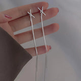 Popxstar Simple Cross Long Chain Tassel Drop Earrings For Women Dangle Earring Silver Color Piercing Line Trendy Ear Jewelry
