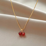 Popxstar Wine Red Cherry Gold Colour Pendant Necklace Earrings set For Women Personality Fashion Necklace Wedding Jewelry Birthday Gifts