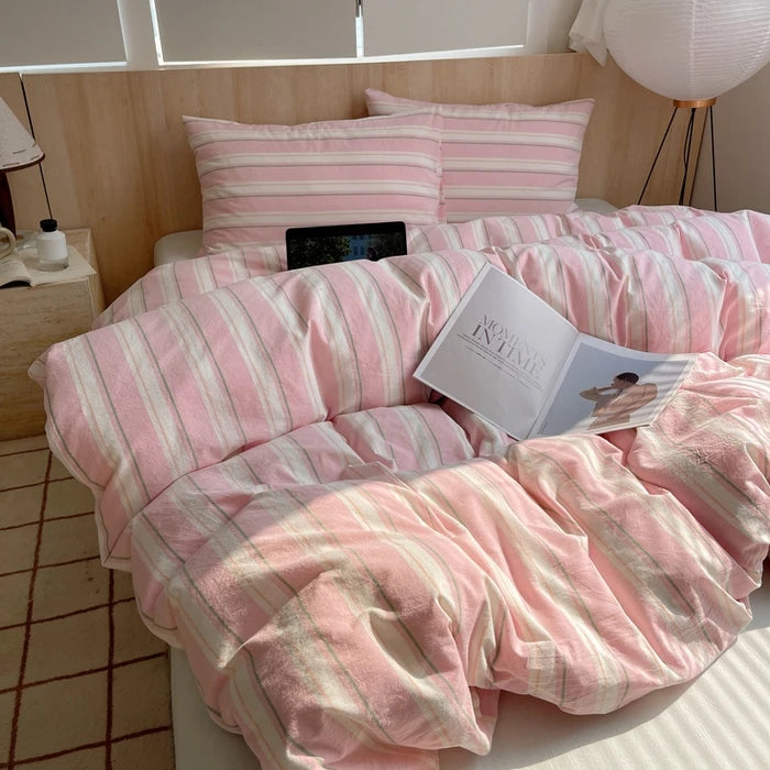 Popxstar Nordic sling Cotton Pink Stripes Duvet Cover 150x200 Size Girl's Room housse Skin friendly Breathable Comforter Sets
