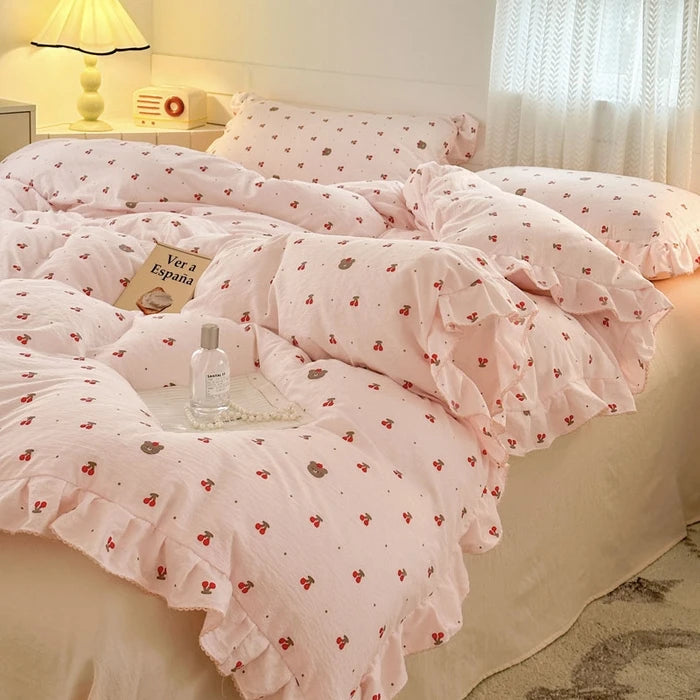 Popxstar Princess Style Bedding Sets Ruffle Lace Bow Quilt Cover Romantic Bedclothes Decor Woman Girls Bedroom Duvet Cover 4pcs