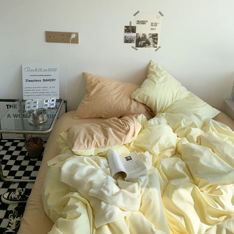 Popxstar Solid Pink Fashion Style Bedding Set Twin Full Queen Size Duvet Cover Set Adults Kids Simple Korean Bed Flat Sheet Pillowcases