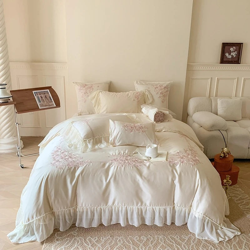 Popxstar 4Pcs Queen Size Flowers Embroidery Bedding Set Duvet Cover Bed Sheet Pillowcases