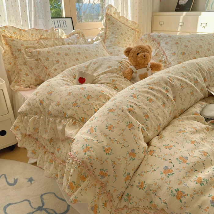 Popxstar 4Pcs Spring Vibrant Flowers 100% Cotton France Princess Style Bedding Set Single Twin Queen Duvet Cover Bed Sheet Pillowcases