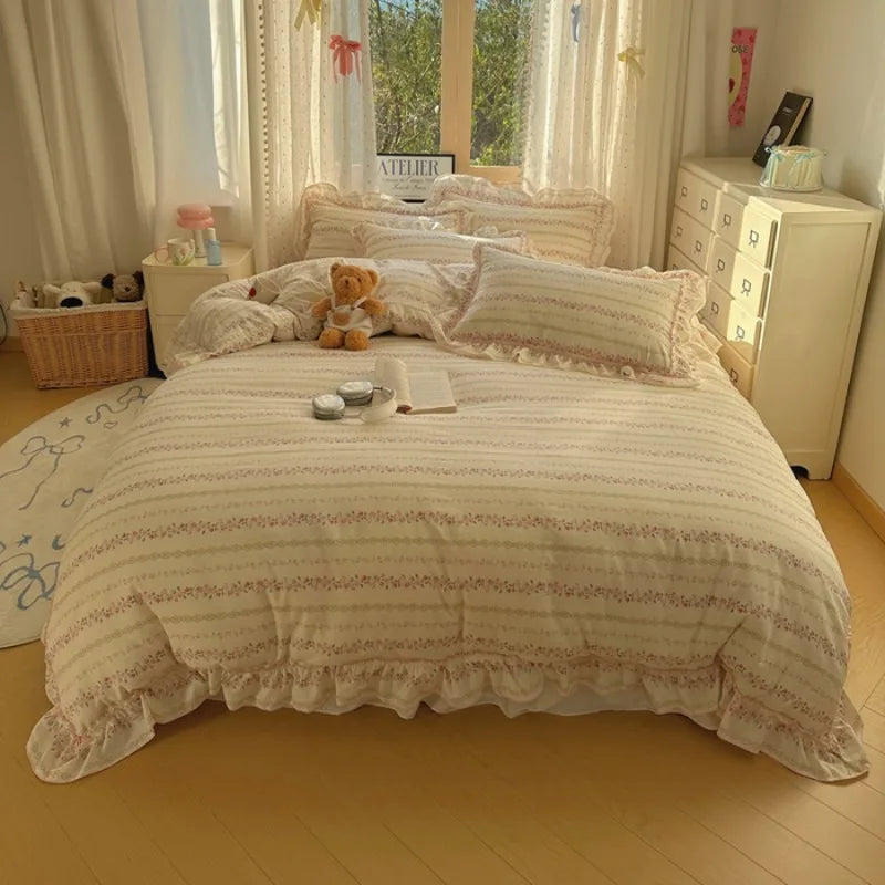 Popxstar 4Pcs Spring Vibrant Flowers 100% Cotton France Princess Style Bedding Set Single Twin Queen Duvet Cover Bed Sheet Pillowcases