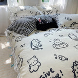 Popxstar Blue Floral Ruffle Duvet Cover Set Queen Flower Leaf Comforter Covers 4Pcs Soft Luxury Pastoral Garden Washed Cotton Bedding Set