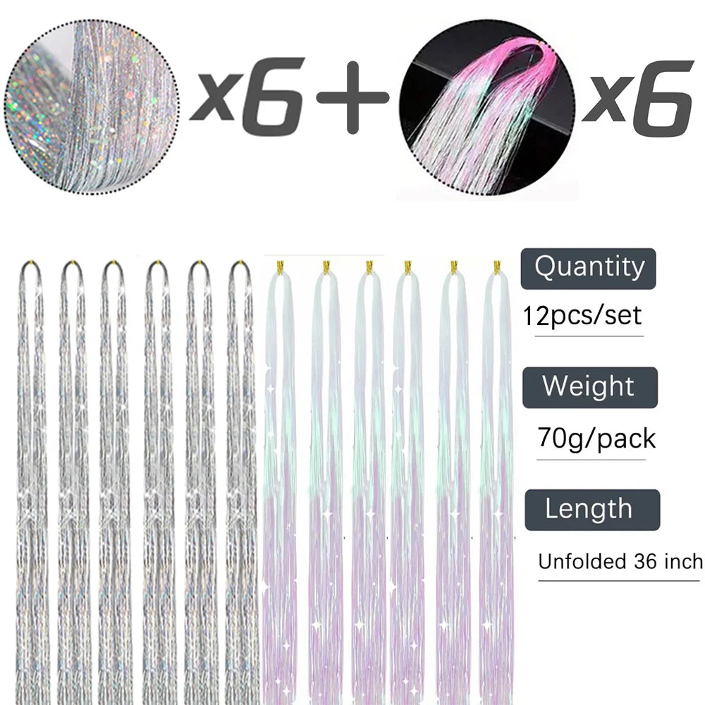 Popxstar Tinsel Hair Extension 12pcs Glitter Sparkling Shinny Fairy Hair Accessories for Women and Girls for Christmas New Year Halloween
