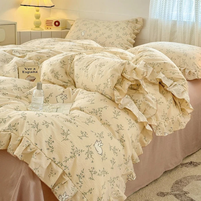 Popxstar Princess Style Bedding Sets Ruffle Lace Bow Quilt Cover Romantic Bedclothes Decor Woman Girls Bedroom Duvet Cover 4pcs