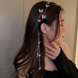 Popxstar Butterfly Hairbands for Women Rhinestone Crystal Long Tassel Chain Headband Simulated Pearl Headwear Hair Accessories