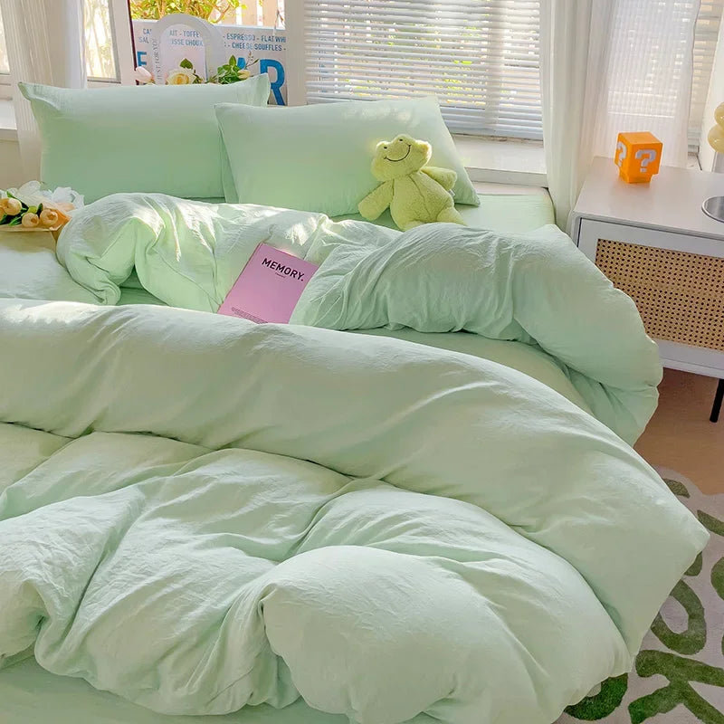 Popxstar Solid Bed Linen Cotton Bedding Set 4pcs with Sheet Duvet Cover Pillowcases Single Couple Bedsheet Single Couple Twin Size