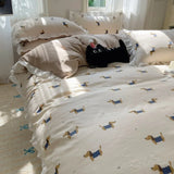 Popxstar Blue Floral Ruffle Duvet Cover Set Queen Flower Leaf Comforter Covers 4Pcs Soft Luxury Pastoral Garden Washed Cotton Bedding Set