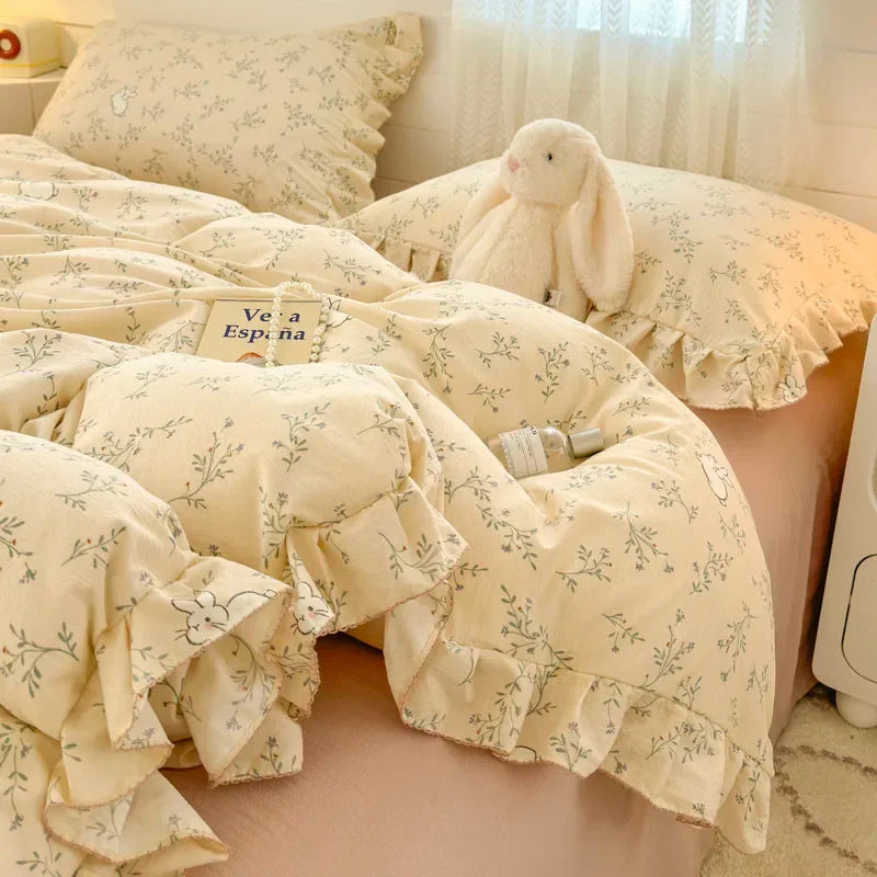 Popxstar Princess Style Bedding Sets Ruffle Lace Bow Quilt Cover Romantic Bedclothes Decor Woman Girls Bedroom Duvet Cover 4pcs