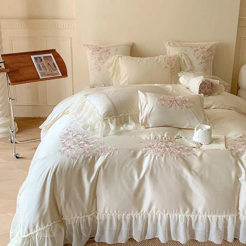 Popxstar 4Pcs Queen Size Flowers Embroidery Bedding Set Duvet Cover Bed Sheet Pillowcases