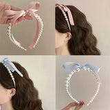 Popxstar Pink Satin Pearl Hair Band Cream Color Girl Bow Ribbon Sweet Lady Headband  Hoop Headwear Women Jewelry Accessories