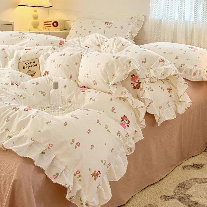Popxstar Princess Style Bedding Sets Ruffle Lace Bow Quilt Cover Romantic Bedclothes Decor Woman Girls Bedroom Duvet Cover 4pcs