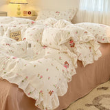Popxstar Princess Style Bedding Sets Ruffle Lace Bow Quilt Cover Romantic Bedclothes Decor Woman Girls Bedroom Duvet Cover 4pcs