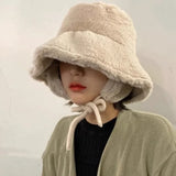 Popxstar Korean New Ear Protection Bucket Hats for Women Autumn and Winter Travel Versatile Warm Retro Solid Color Plush Men's Caps