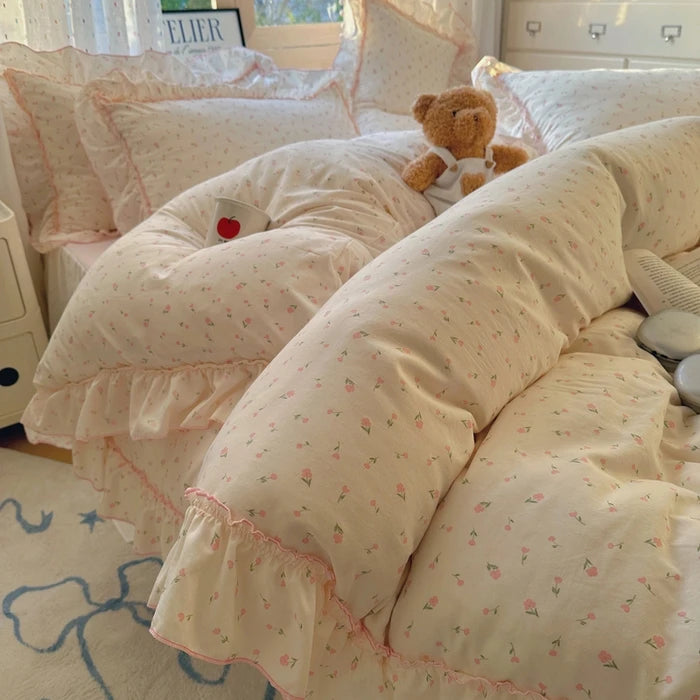 Popxstar 4Pcs Spring Vibrant Flowers 100% Cotton France Princess Style Bedding Set Single Twin Queen Duvet Cover Bed Sheet Pillowcases