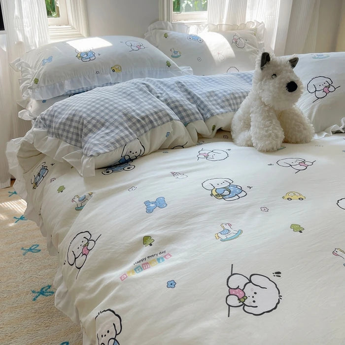 Popxstar Blue Floral Ruffle Duvet Cover Set Queen Flower Leaf Comforter Covers 4Pcs Soft Luxury Pastoral Garden Washed Cotton Bedding Set