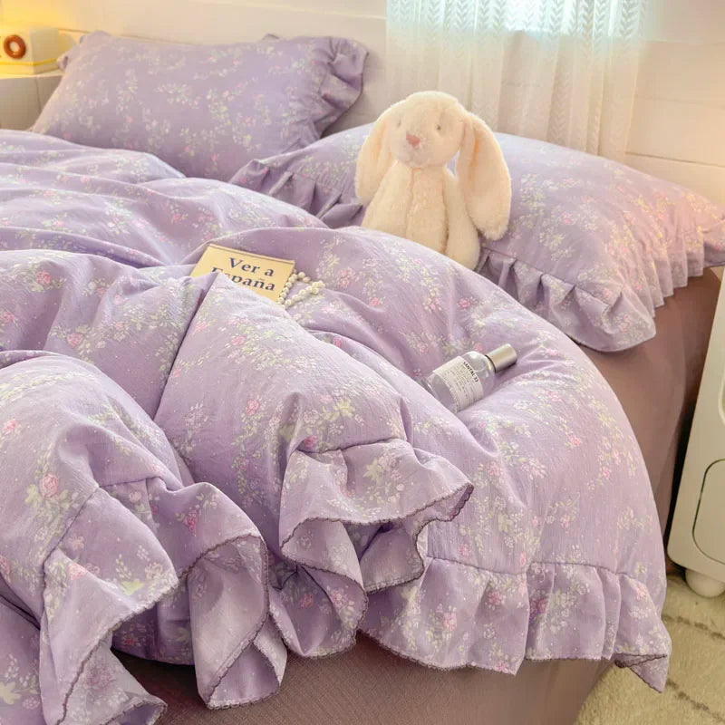 Popxstar Princess Style Bedding Sets Ruffle Lace Bow Quilt Cover Romantic Bedclothes Decor Woman Girls Bedroom Duvet Cover 4pcs