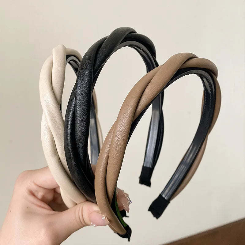 Popxstar New Pu Leather Braided Headband Coffee Beige Black Twisted Hairband Women Girls Simple Hair Band Women Hair Accessories