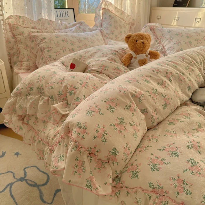 Popxstar 4Pcs Spring Vibrant Flowers 100% Cotton France Princess Style Bedding Set Single Twin Queen Duvet Cover Bed Sheet Pillowcases