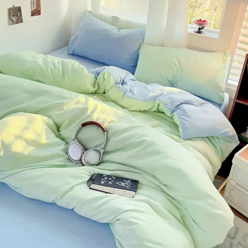 Popxstar Solid Bed Linen Cotton Bedding Set 4pcs with Sheet Duvet Cover Pillowcases Single Couple Bedsheet Single Couple Twin Size