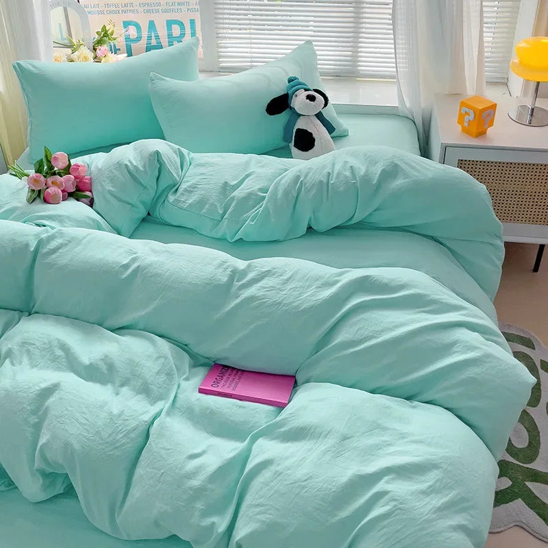 Popxstar Solid Bed Linen Cotton Bedding Set 4pcs with Sheet Duvet Cover Pillowcases Single Couple Bedsheet Single Couple Twin Size