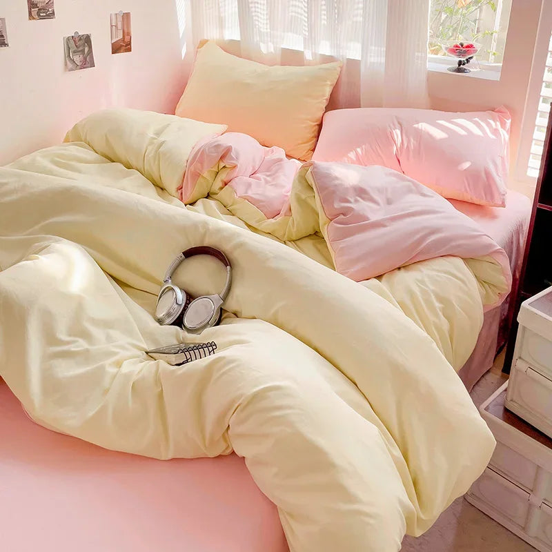 Popxstar Solid Bed Linen Cotton Bedding Set 4pcs with Sheet Duvet Cover Pillowcases Single Couple Bedsheet Single Couple Twin Size