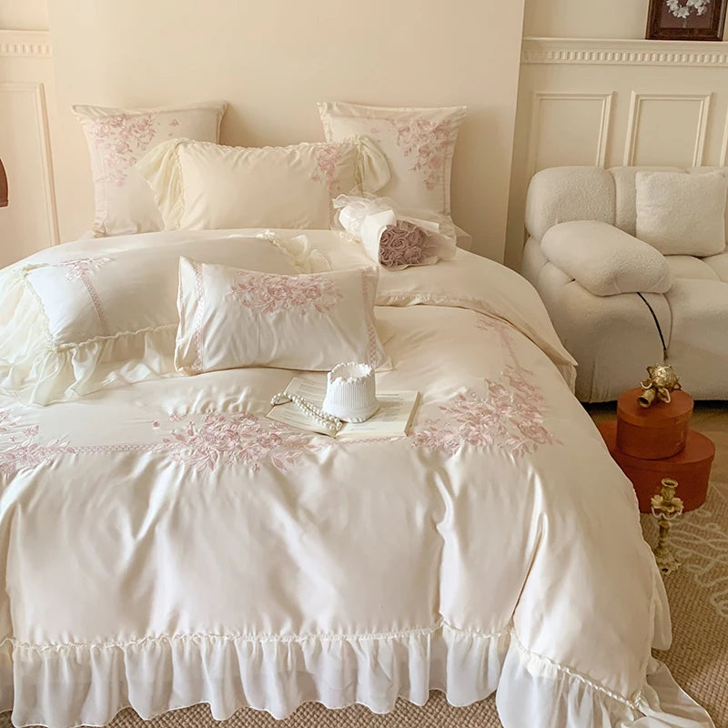 Popxstar 4Pcs Queen Size Flowers Embroidery Bedding Set Duvet Cover Bed Sheet Pillowcases