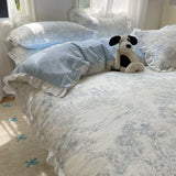 Popxstar Blue Floral Ruffle Duvet Cover Set Queen Flower Leaf Comforter Covers 4Pcs Soft Luxury Pastoral Garden Washed Cotton Bedding Set