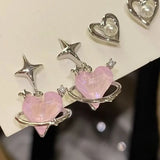Popxstar 6pcs/set Women Silver Color Y2K Pink Crystal Heart Stud Earring Korean Trendy Punk Sweet Cool Bow Star Earring Aesthetic Jewelry