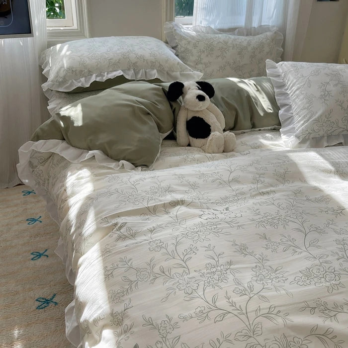 Popxstar Blue Floral Ruffle Duvet Cover Set Queen Flower Leaf Comforter Covers 4Pcs Soft Luxury Pastoral Garden Washed Cotton Bedding Set