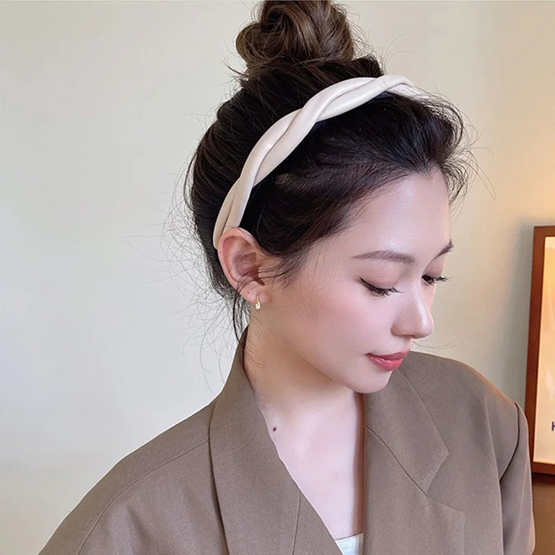 Popxstar New Pu Leather Braided Headband Coffee Beige Black Twisted Hairband Women Girls Simple Hair Band Women Hair Accessories