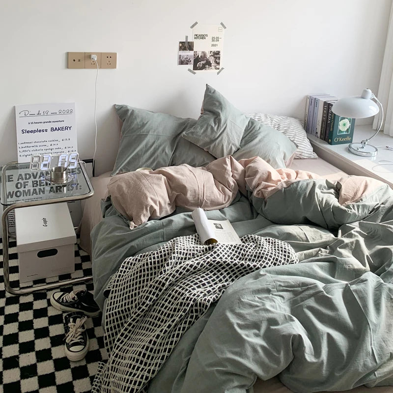 Popxstar Solid Pink Fashion Style Bedding Set Twin Full Queen Size Duvet Cover Set Adults Kids Simple Korean Bed Flat Sheet Pillowcases