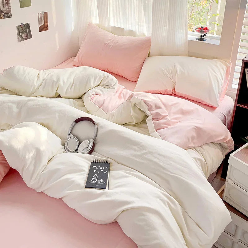 Popxstar Solid Bed Linen Cotton Bedding Set 4pcs with Sheet Duvet Cover Pillowcases Single Couple Bedsheet Single Couple Twin Size