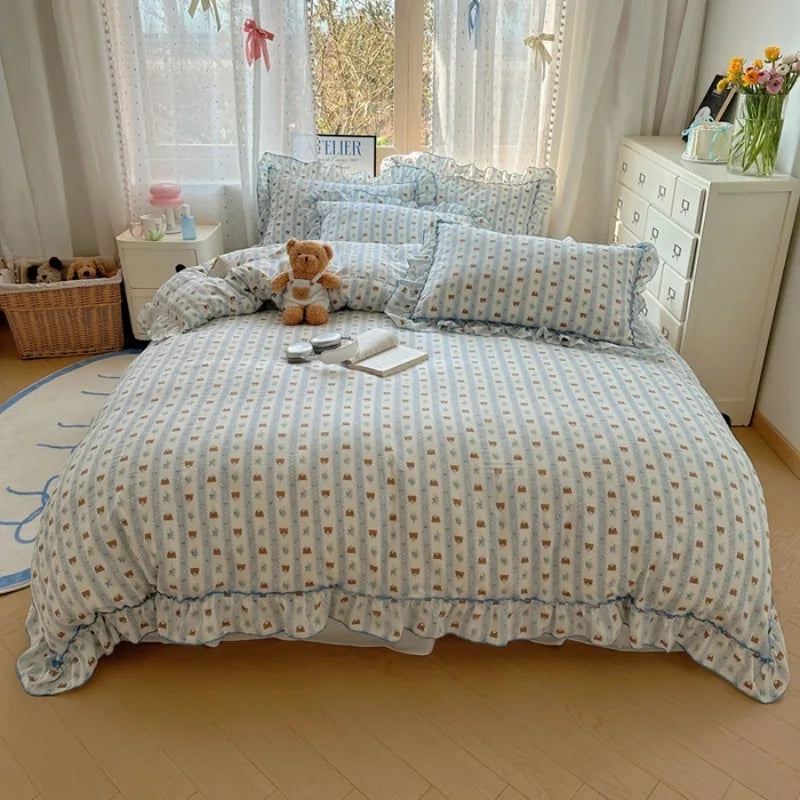 Popxstar 4Pcs Spring Vibrant Flowers 100% Cotton France Princess Style Bedding Set Single Twin Queen Duvet Cover Bed Sheet Pillowcases
