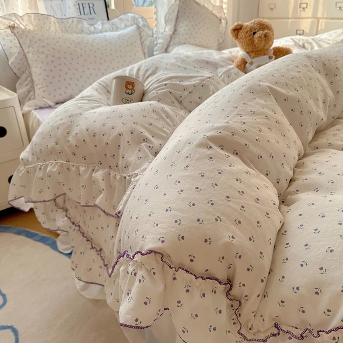 Popxstar 4Pcs Spring Vibrant Flowers 100% Cotton France Princess Style Bedding Set Single Twin Queen Duvet Cover Bed Sheet Pillowcases