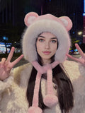 Popxstar A Winter Cute Bear Ear Warm Hat Women Plush  Beanie Hat Girls Windproof  Cap