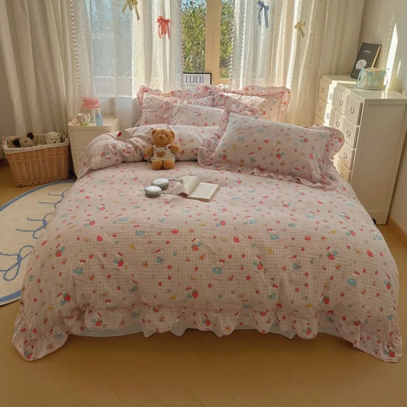 Popxstar 4Pcs Spring Vibrant Flowers 100% Cotton France Princess Style Bedding Set Single Twin Queen Duvet Cover Bed Sheet Pillowcases