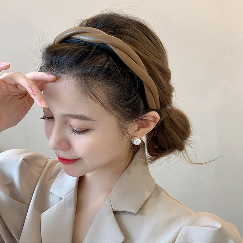 Popxstar New Pu Leather Braided Headband Coffee Beige Black Twisted Hairband Women Girls Simple Hair Band Women Hair Accessories