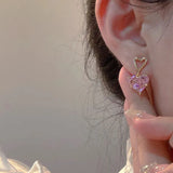 Popxstar Fashion Earrings Necklaces Set for Women Heart-shaped Zircon Pink Crystal Pendant Necklace Women's Jewelry Exquisite Gift