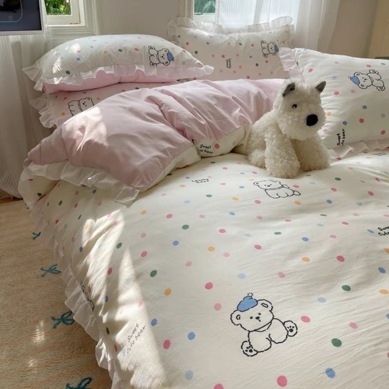 Popxstar Blue Floral Ruffle Duvet Cover Set Queen Flower Leaf Comforter Covers 4Pcs Soft Luxury Pastoral Garden Washed Cotton Bedding Set