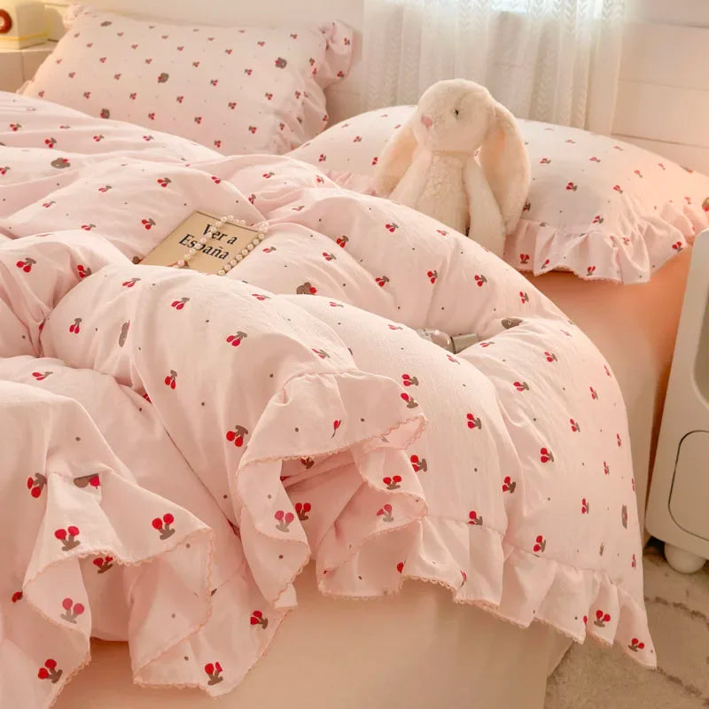 Popxstar Princess Style Bedding Sets Ruffle Lace Bow Quilt Cover Romantic Bedclothes Decor Woman Girls Bedroom Duvet Cover 4pcs