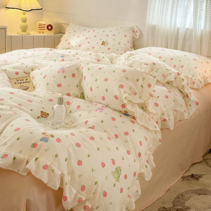 Popxstar Princess Style Bedding Sets Ruffle Lace Bow Quilt Cover Romantic Bedclothes Decor Woman Girls Bedroom Duvet Cover 4pcs