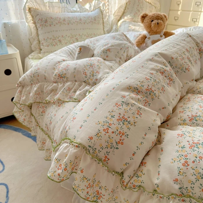 Popxstar 4Pcs Spring Vibrant Flowers 100% Cotton France Princess Style Bedding Set Single Twin Queen Duvet Cover Bed Sheet Pillowcases